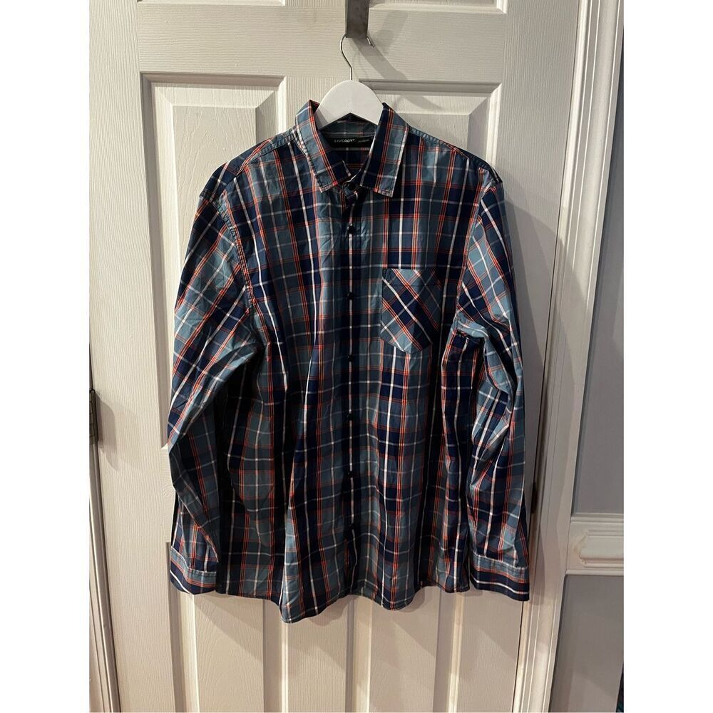 Livergy Blue & Orange Plaid Back Snap Down Button Shirt sz L EUC